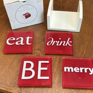 5 pc Heavy coaster set. Eat Drink Be Merry. Sits nicely in wooden collector.